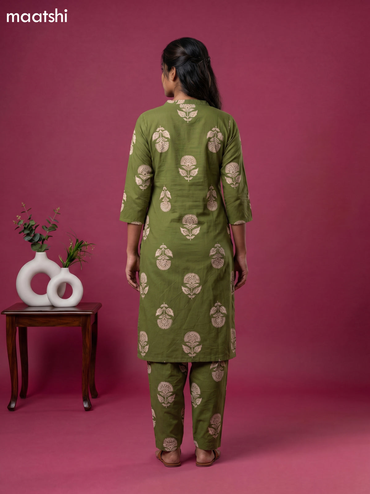 Sap Green Cotton Printed & Simple Embroidery Work Straight Suit