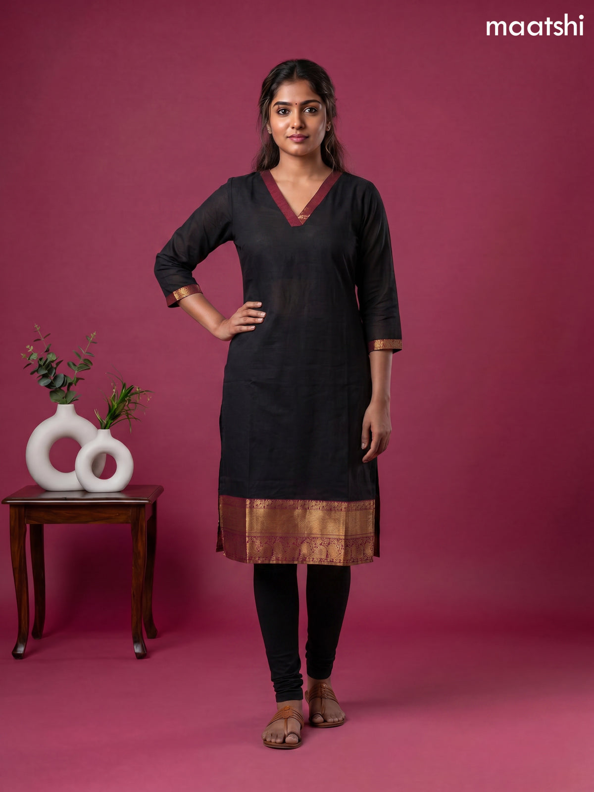 Black Chettinad Cotton Straight Kurti