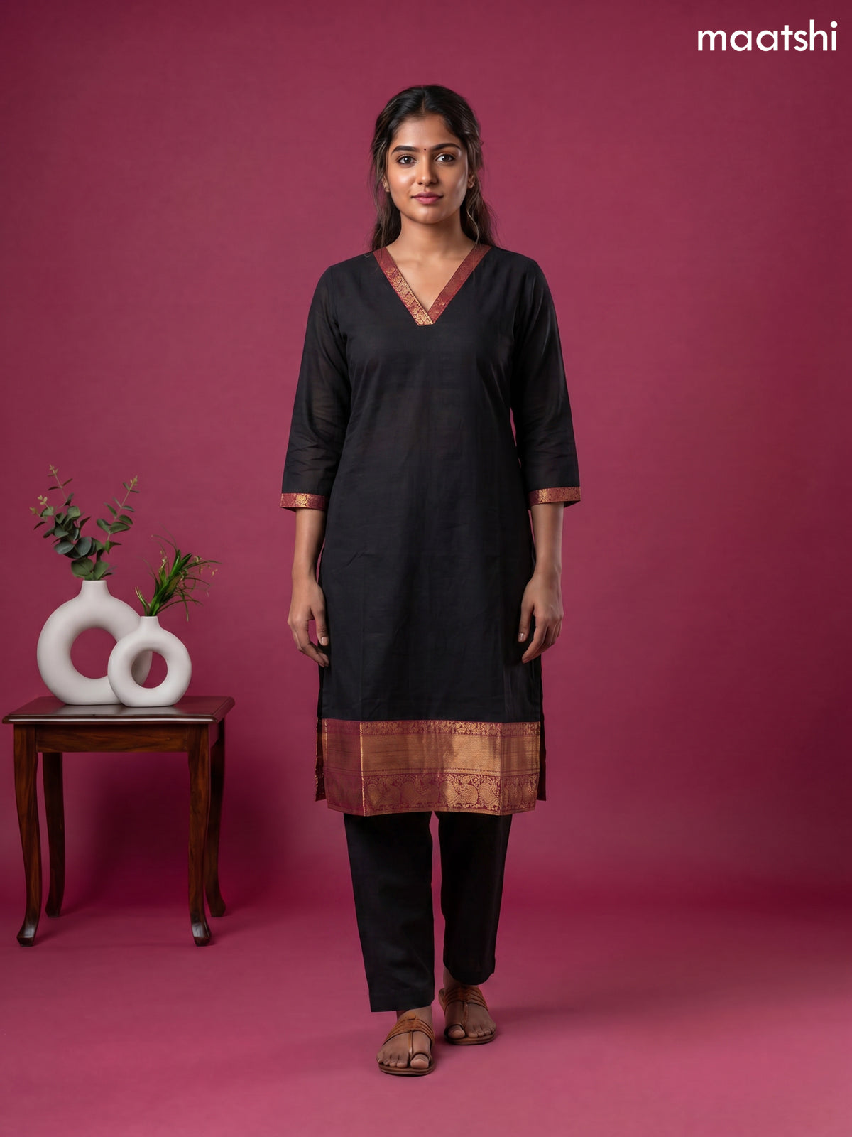Black Chettinad Cotton Straight Kurti