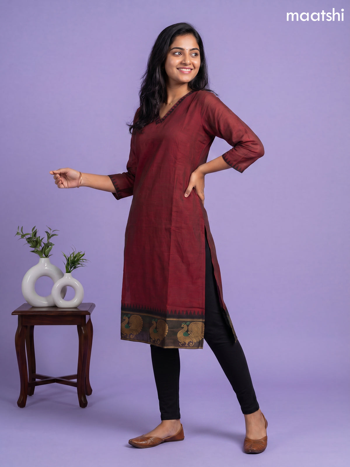 Maroon Chettinad Cotton Straight Kurti