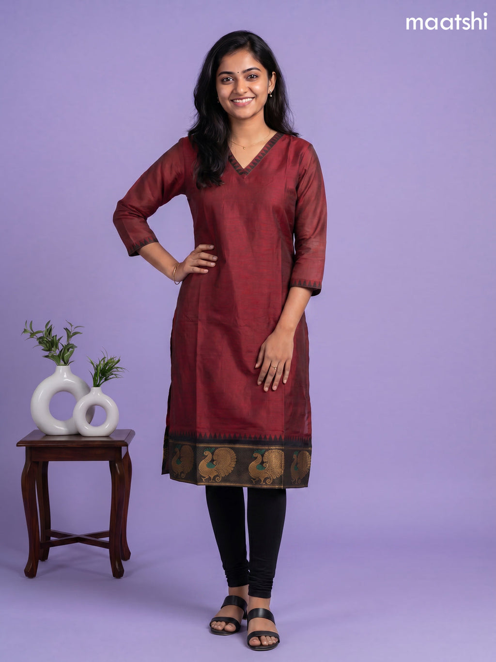 Maroon Chettinad Cotton Straight Kurti