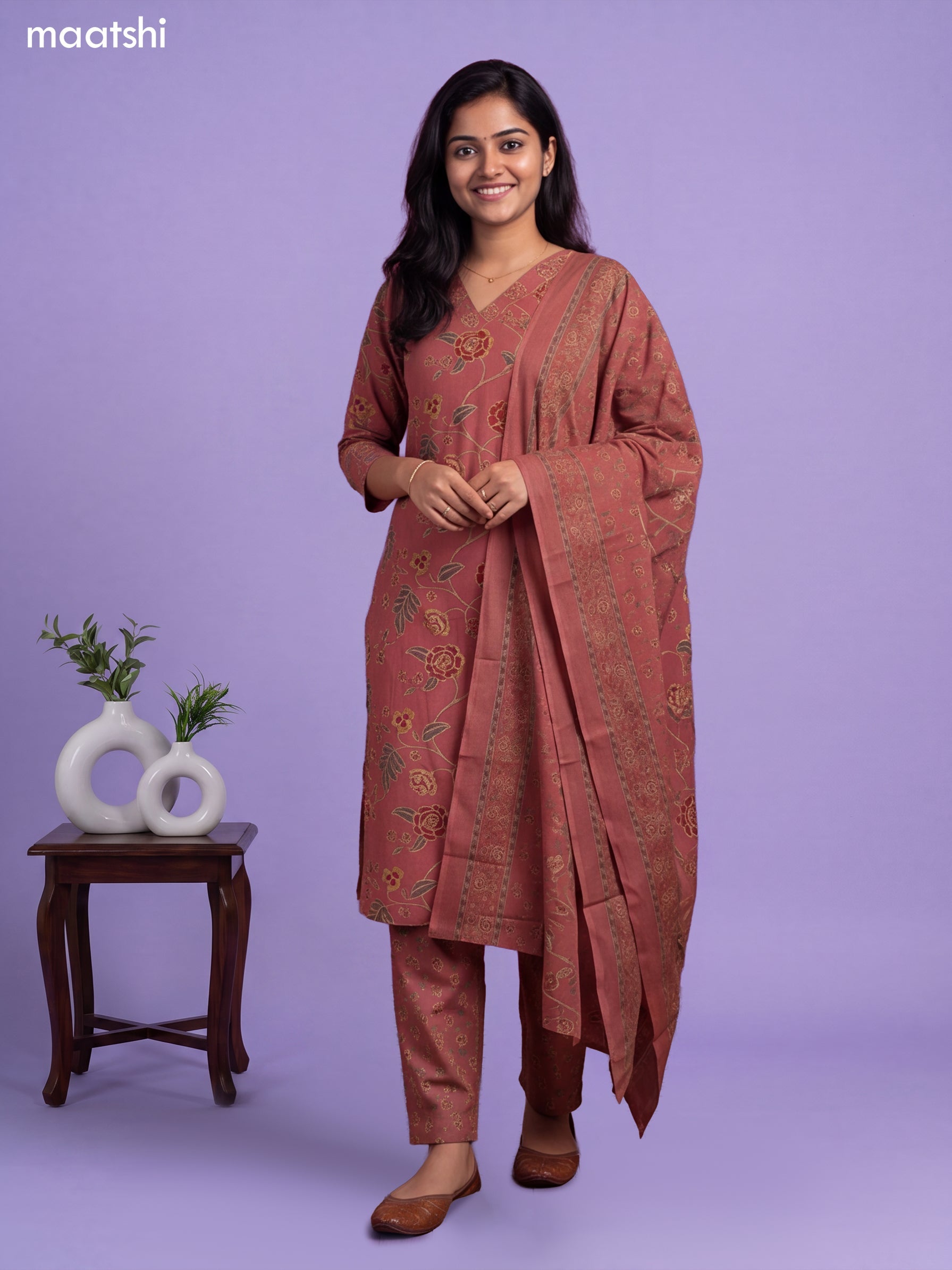 Pastel Pink Cotton Printed & Embroidery Work A-Line Suit