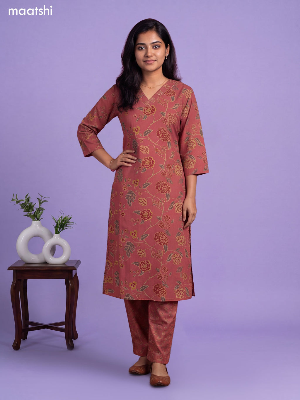 Pastel Pink Cotton Printed & Embroidery Work A-Line Suit
