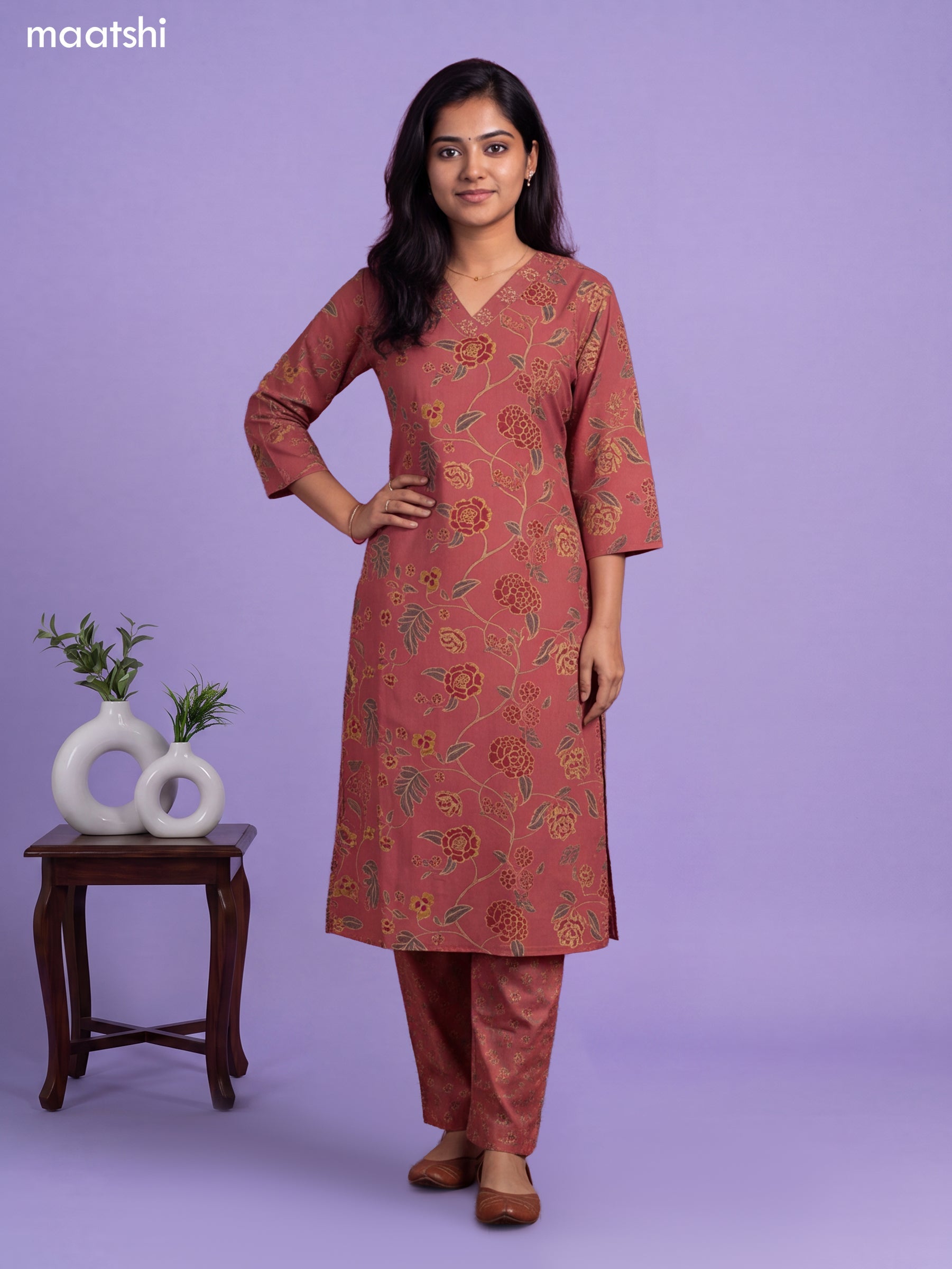 Pastel Pink Cotton Printed & Embroidery Work A-Line Suit