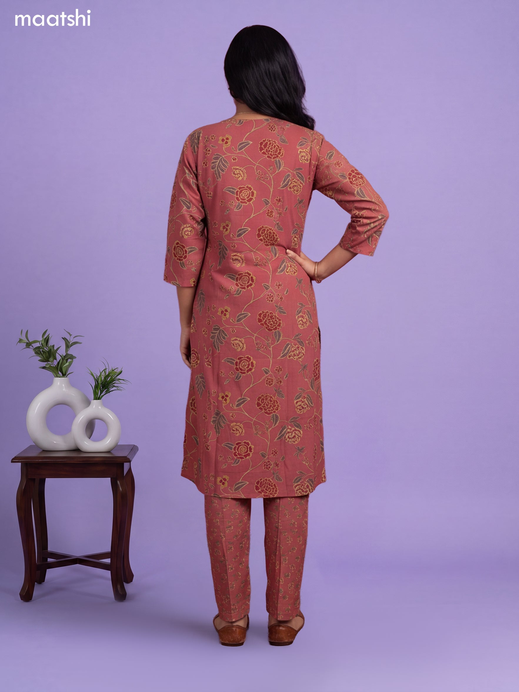Pastel Pink Cotton Printed & Embroidery Work A-Line Suit
