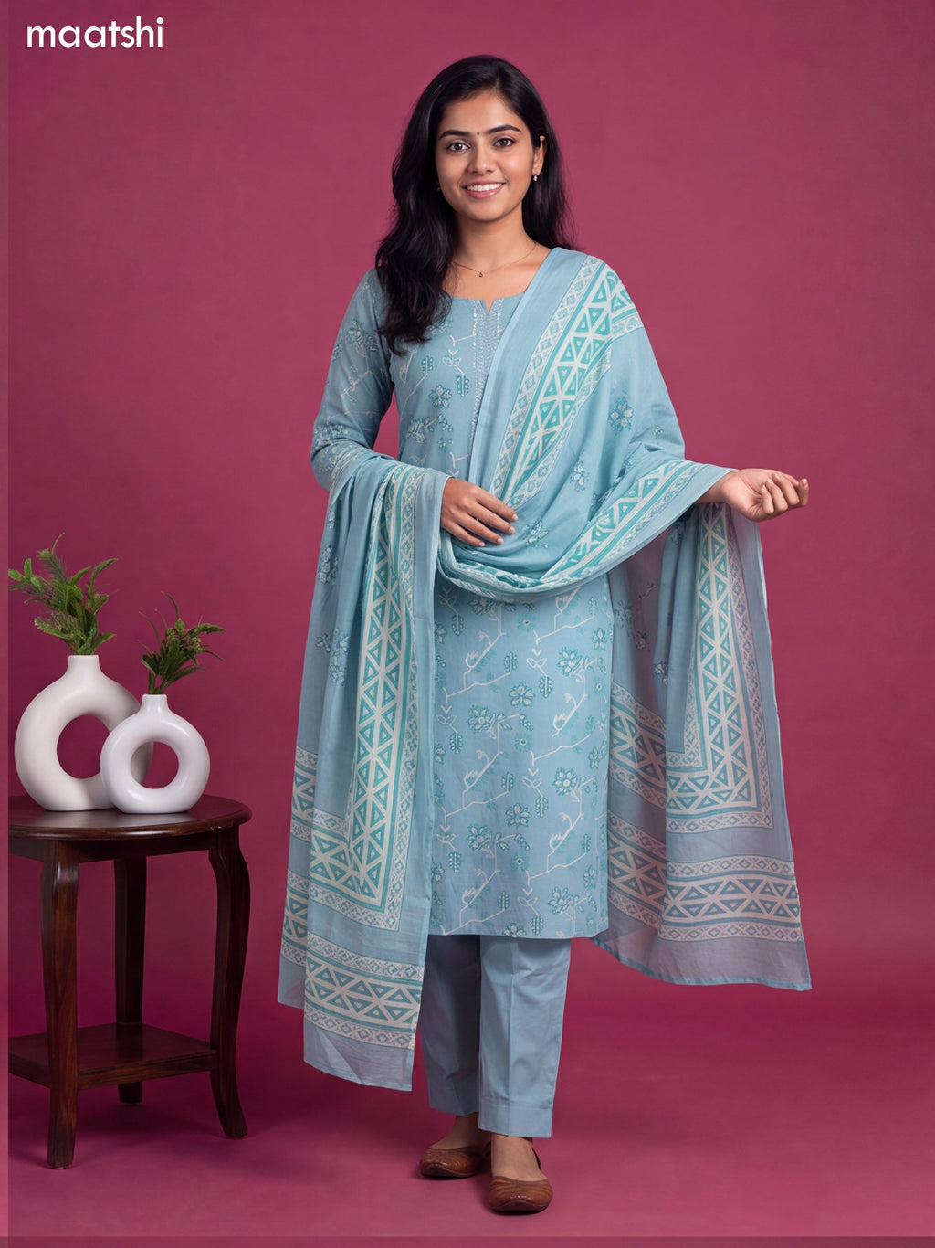Light Blue Cotton Printed & Embroidery Work Straight Suit