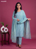 Light Blue Cotton Printed & Embroidery Work Straight Suit