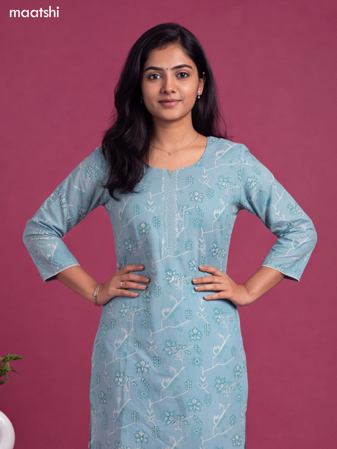 Light Blue Cotton Printed & Embroidery Work Straight Suit