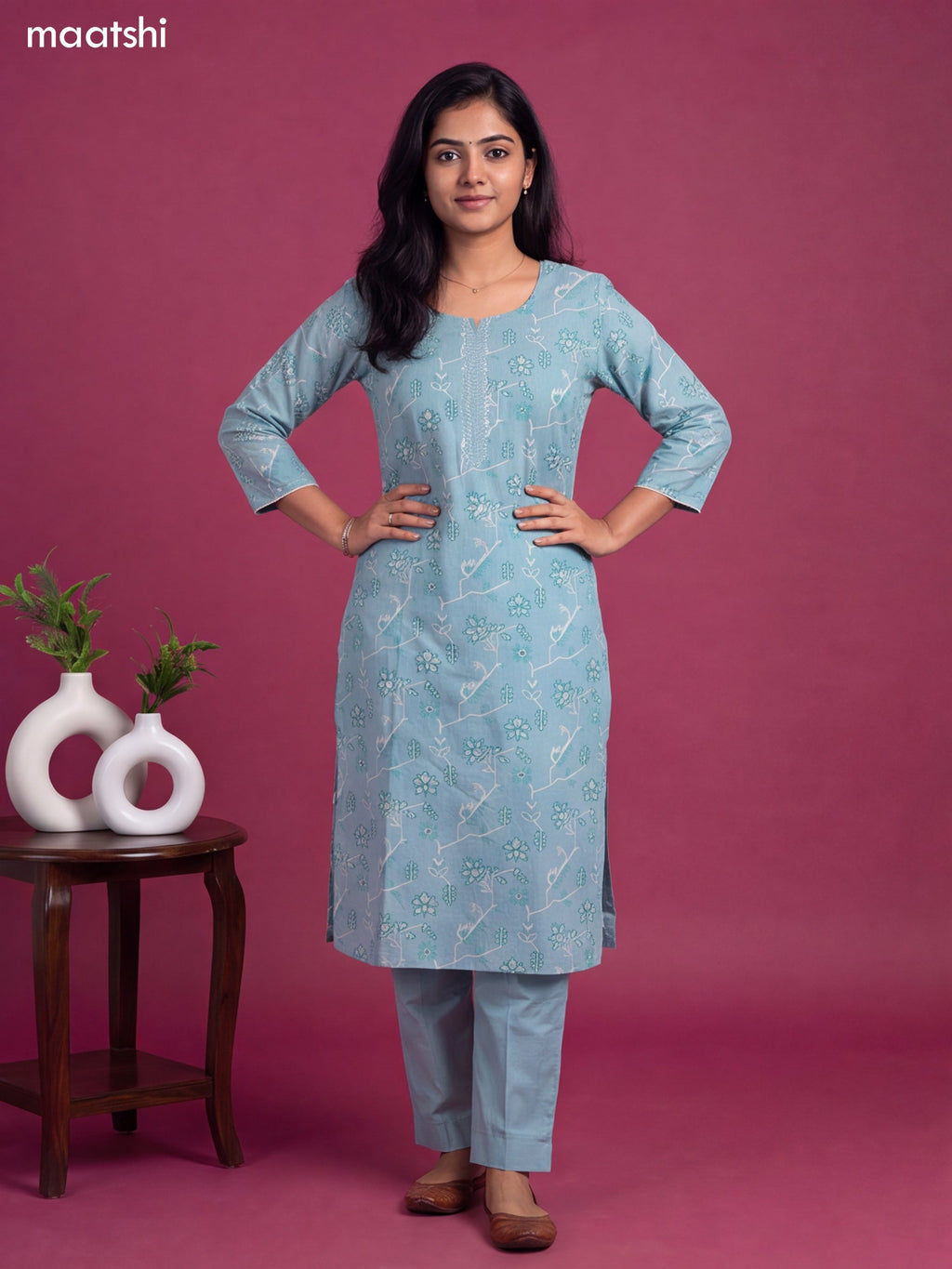 Light Blue Cotton Printed & Embroidery Work Straight Suit