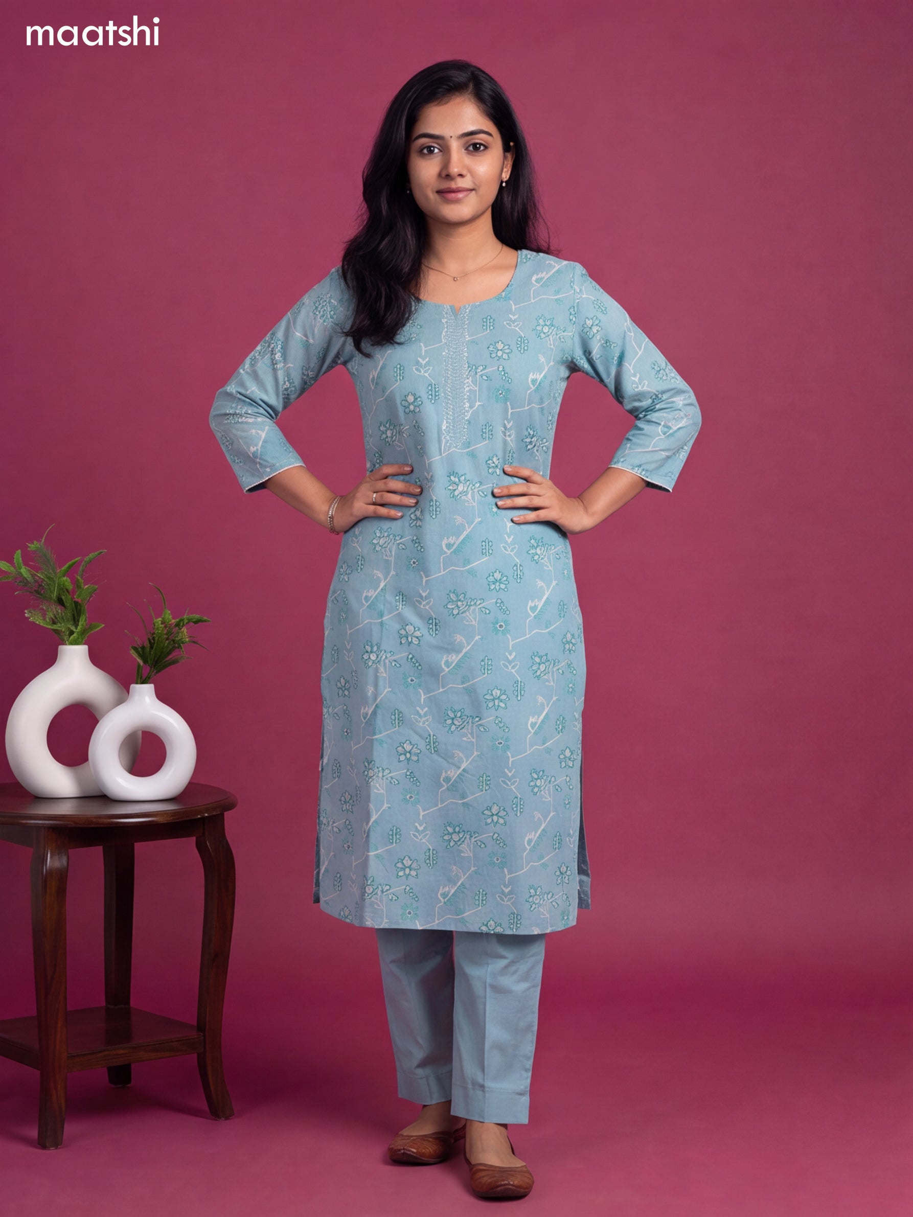 Light Blue Cotton Printed & Embroidery Work Straight Suit