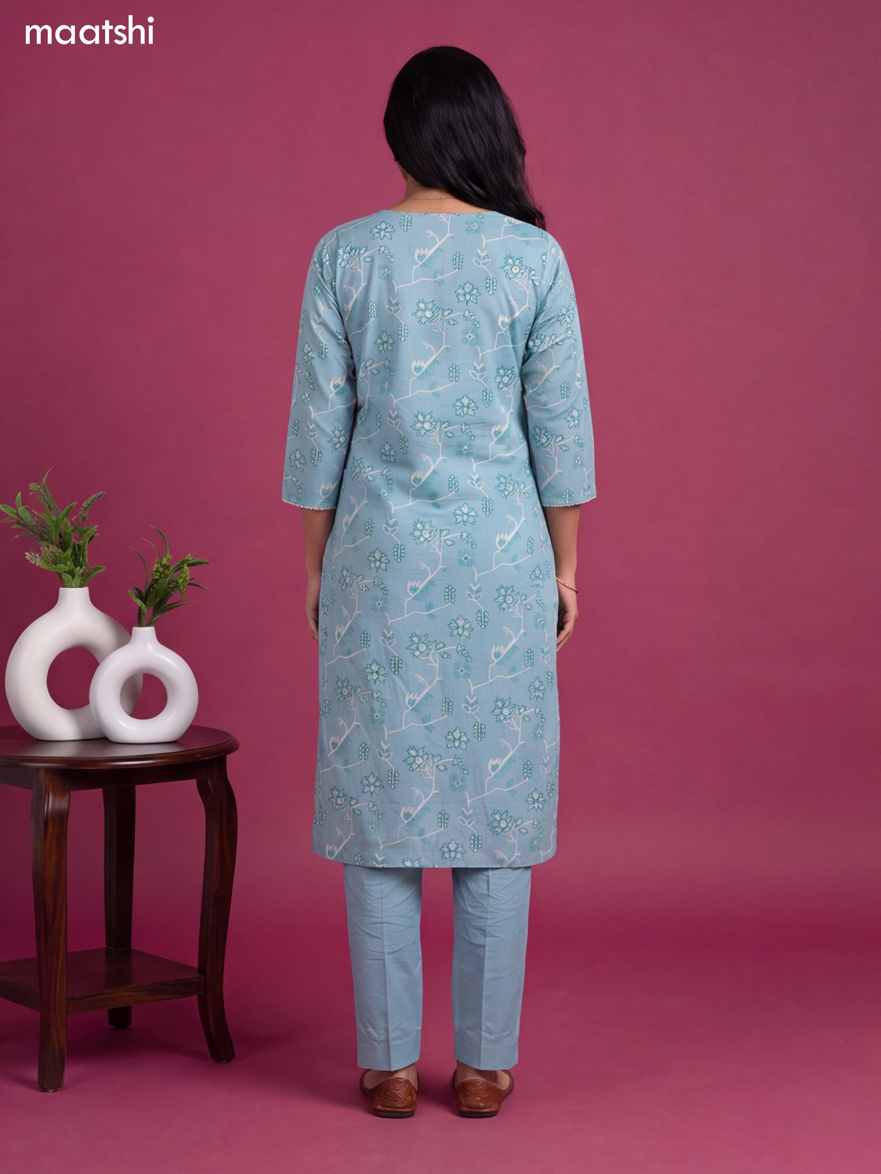 Light Blue Cotton Printed & Embroidery Work Straight Suit