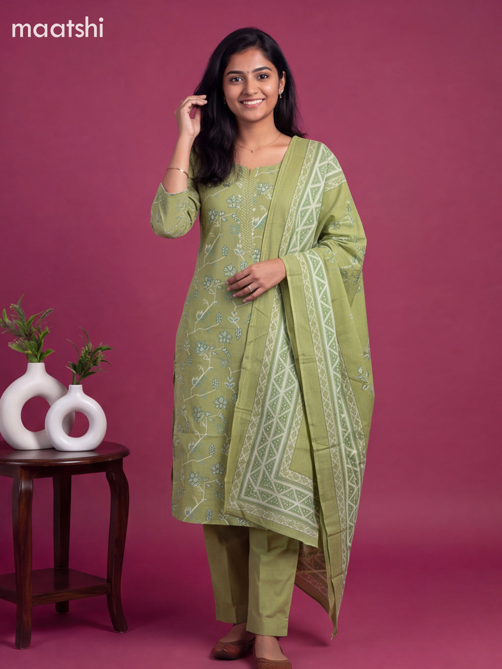 Green Cotton Printed & Embroidery Work Straight Suit