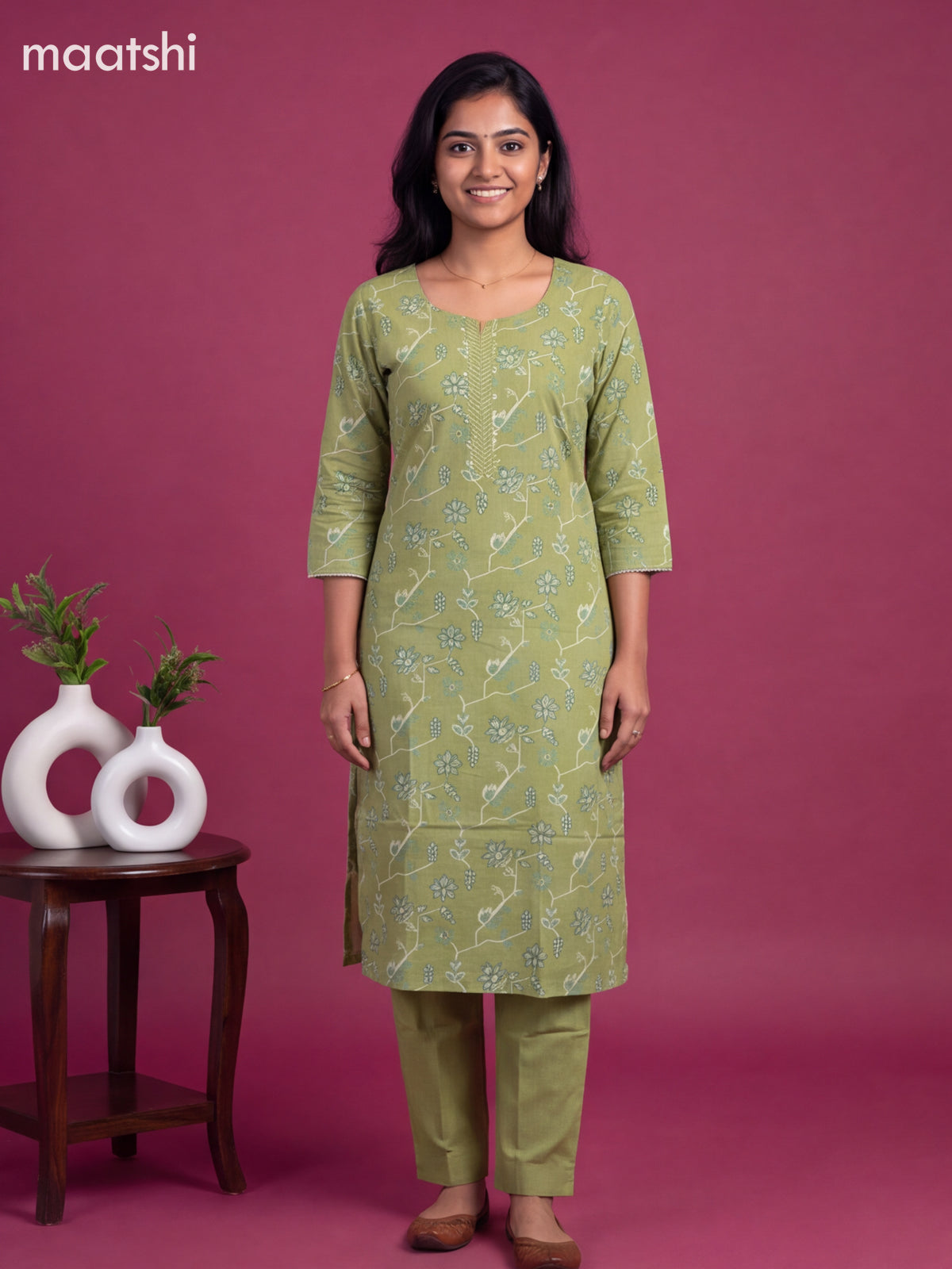Green Cotton Printed & Embroidery Work Straight Suit