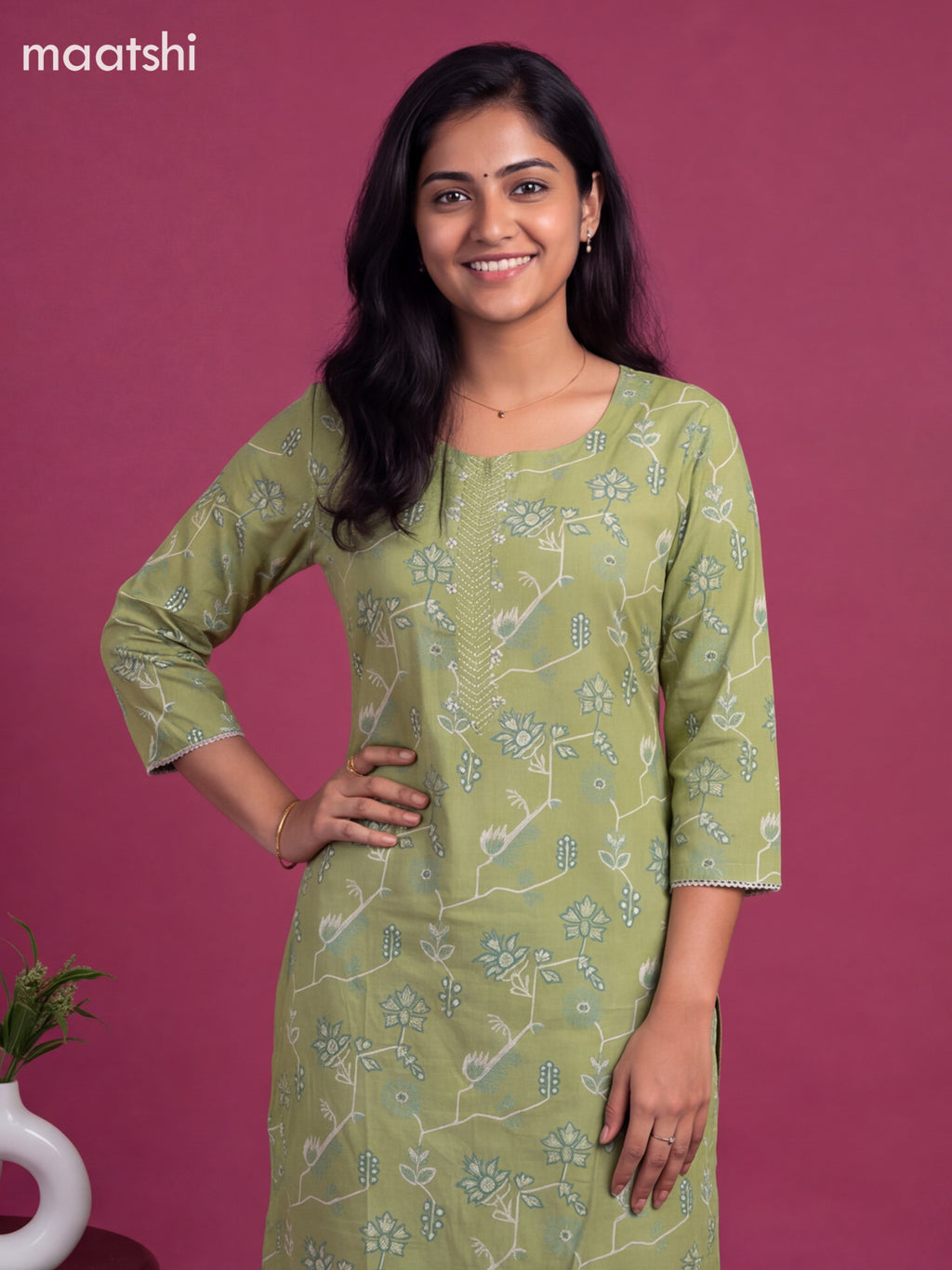 Green Cotton Printed & Embroidery Work Straight Suit
