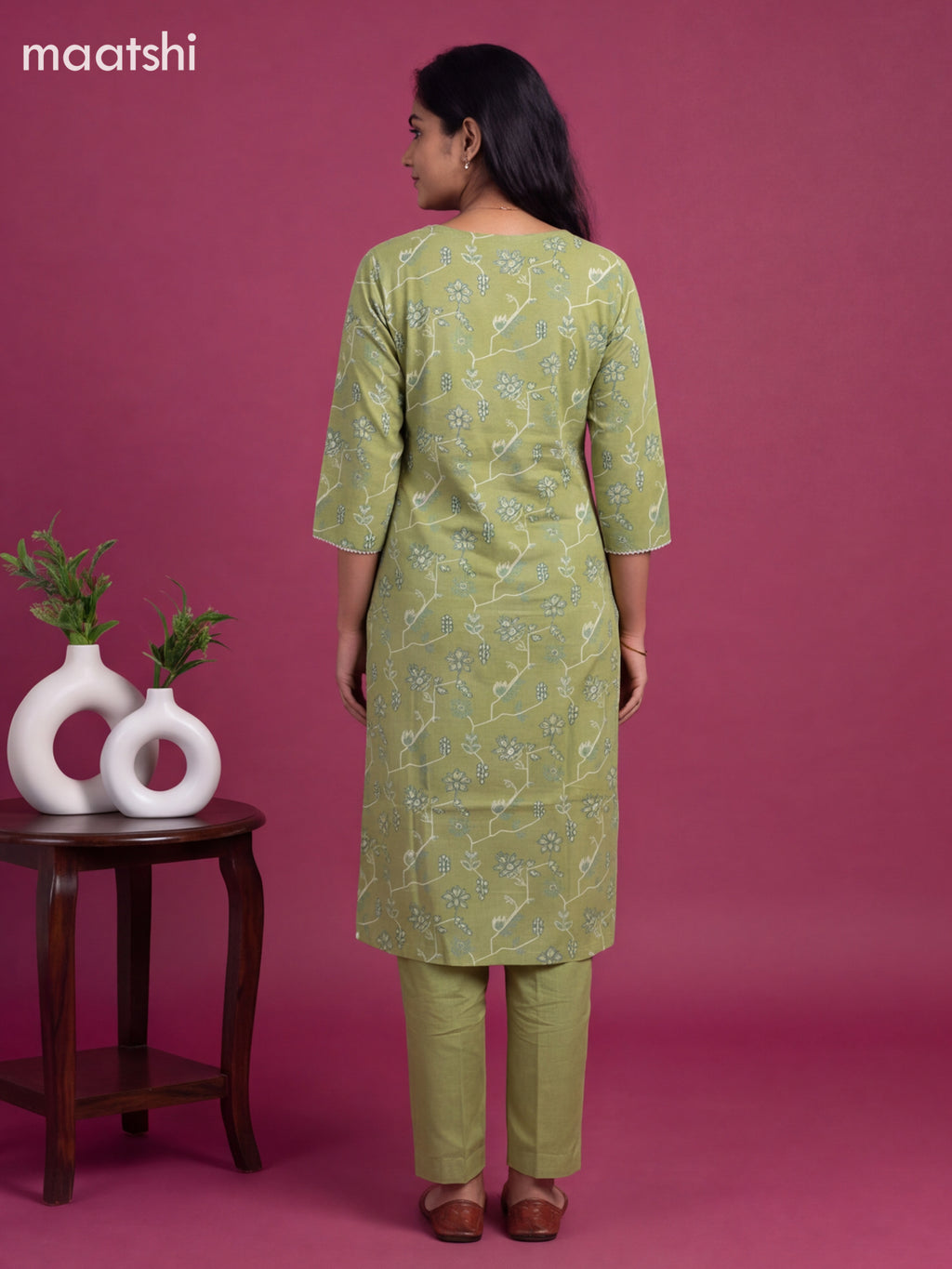 Green Cotton Printed & Embroidery Work Straight Suit