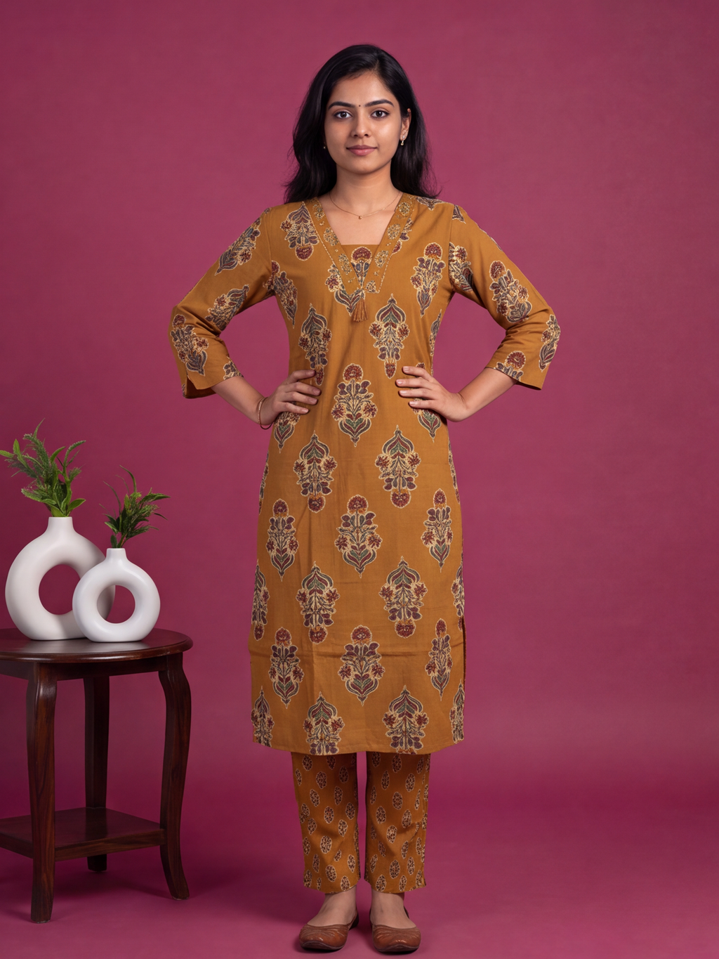 Mustard Yellow Cotton Printed & Embroidery Work Straight Suit