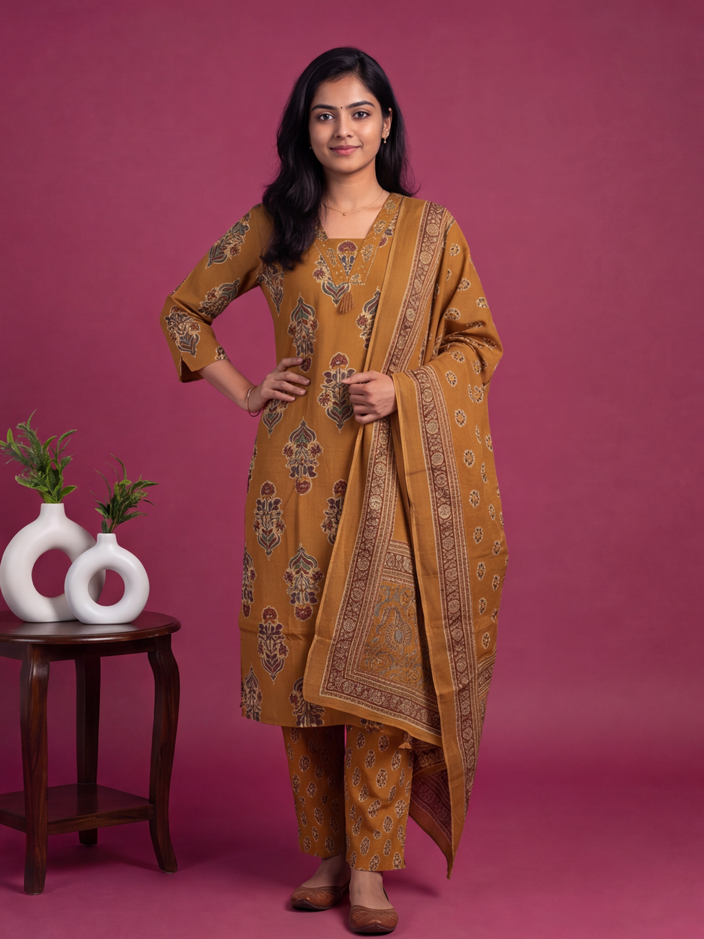 Mustard Yellow Cotton Printed & Embroidery Work Straight Suit