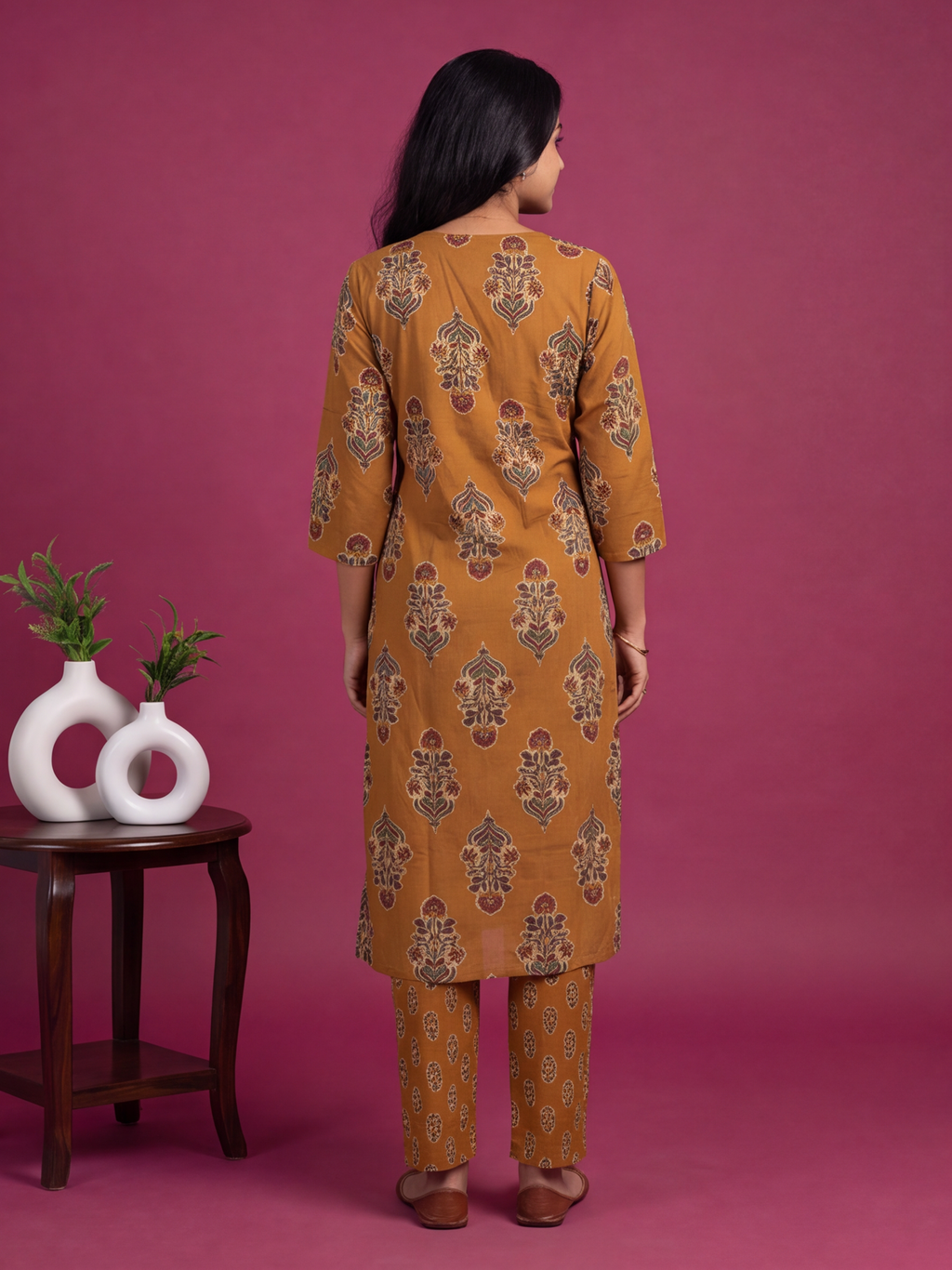 Mustard Yellow Cotton Printed & Embroidery Work Straight Suit