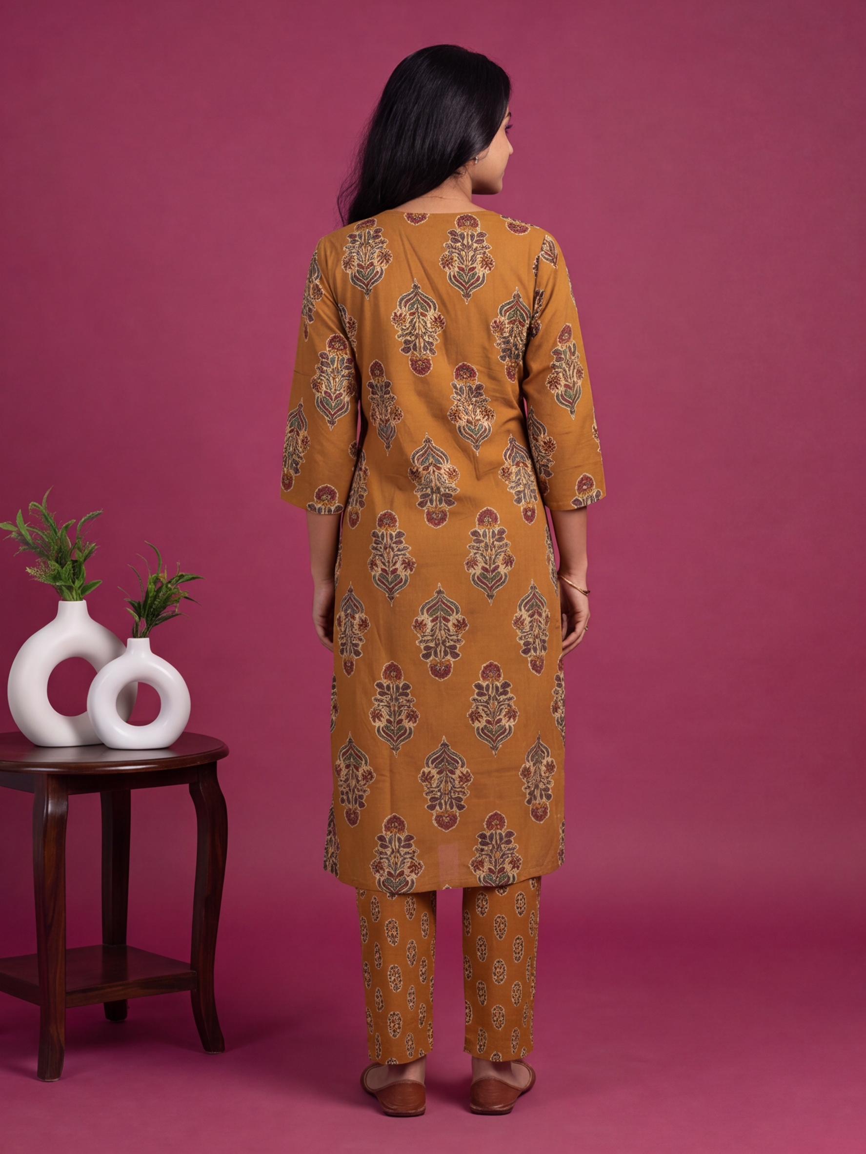 Mustard Yellow Cotton Printed & Embroidery Work Straight Suit