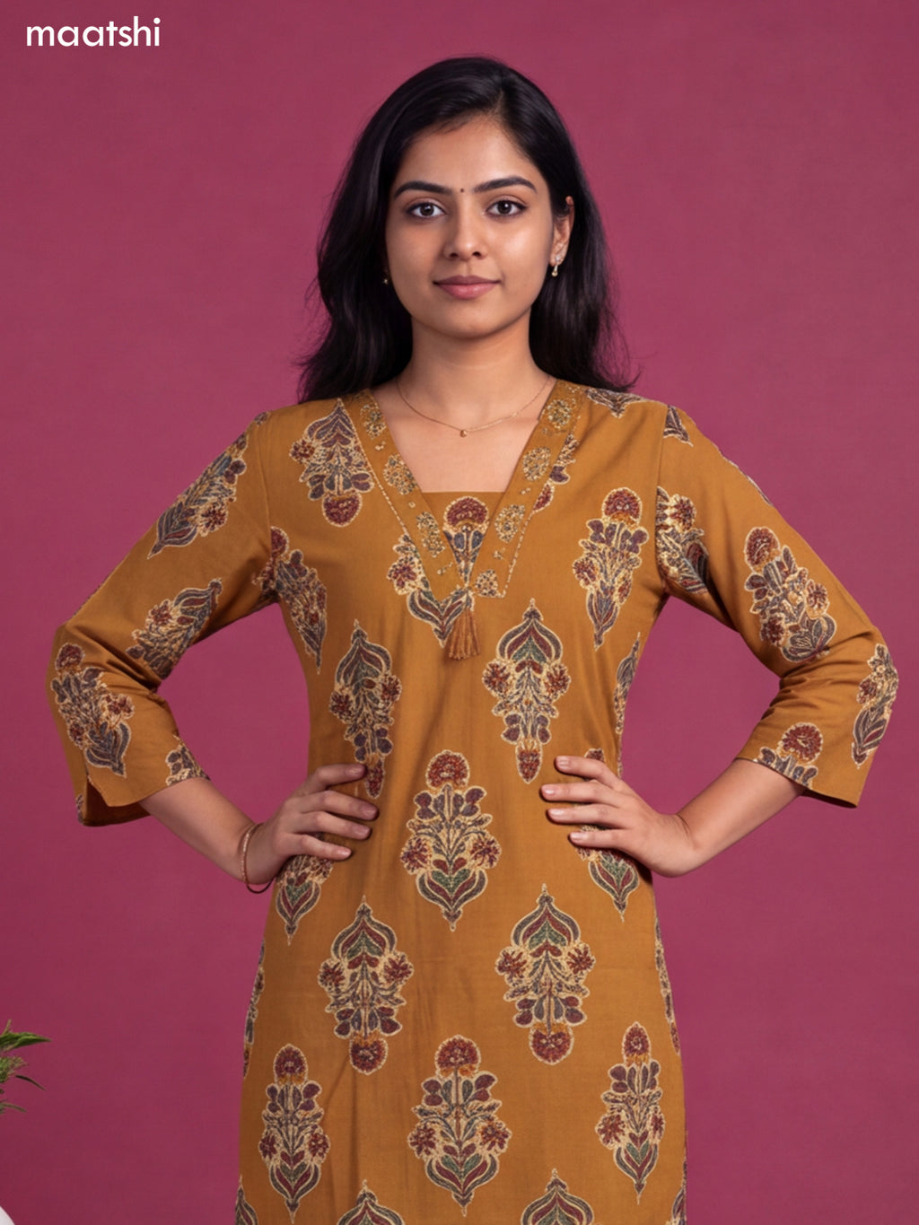 Mustard Yellow Cotton Printed & Embroidery Work Straight Suit