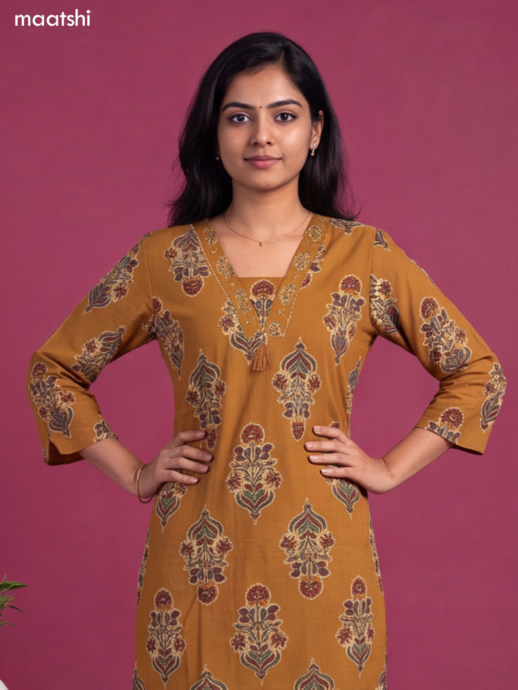 Mustard Yellow Cotton Printed & Embroidery Work Straight Suit