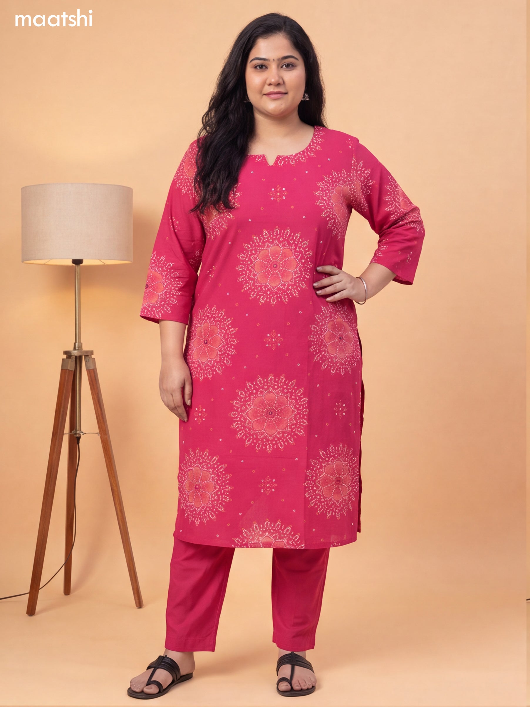 Pink Cotton Bandhai Printed & Embroidery Work Straight Suit