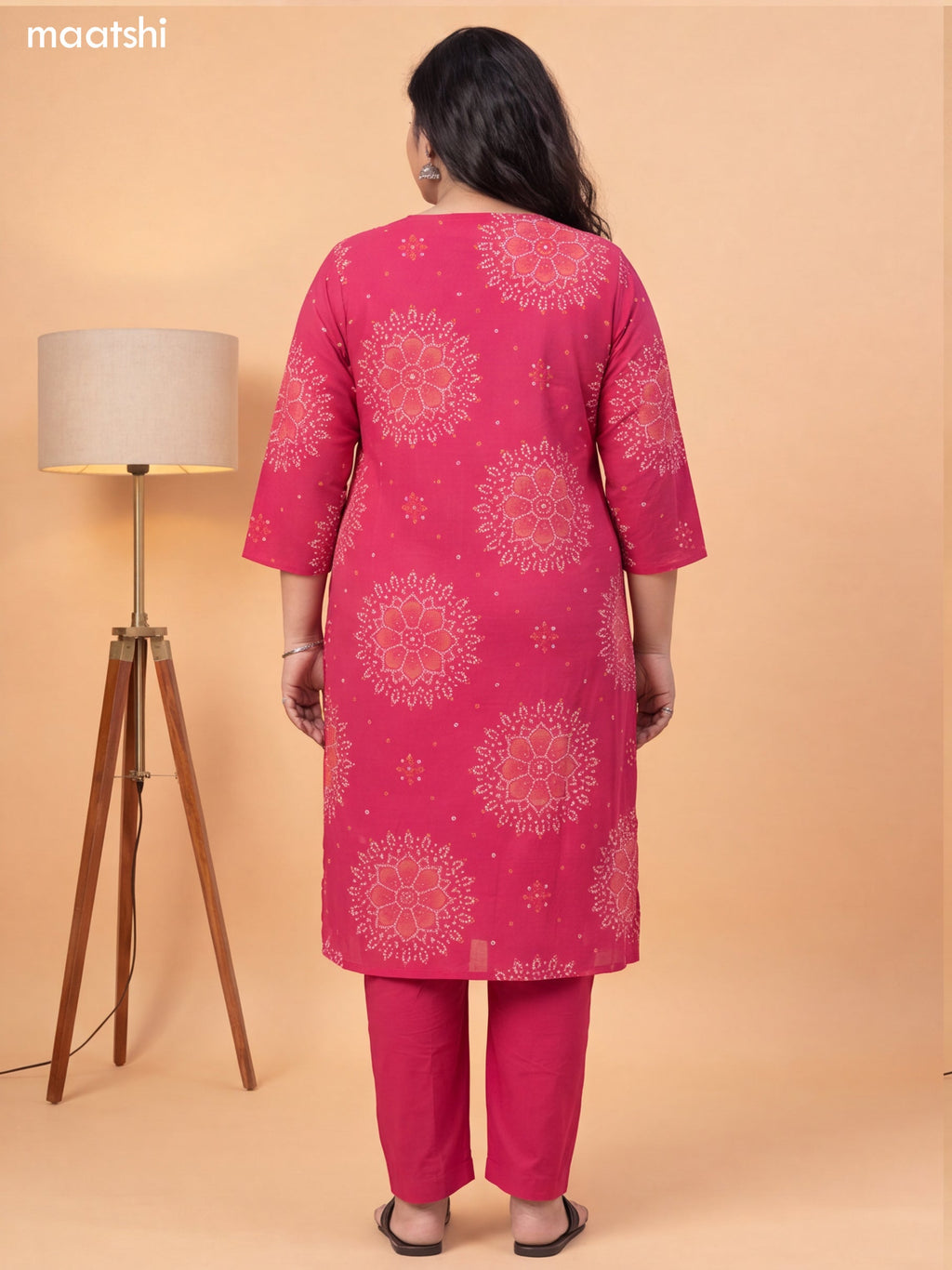 Pink Cotton Bandhai Printed & Embroidery Work Straight Suit