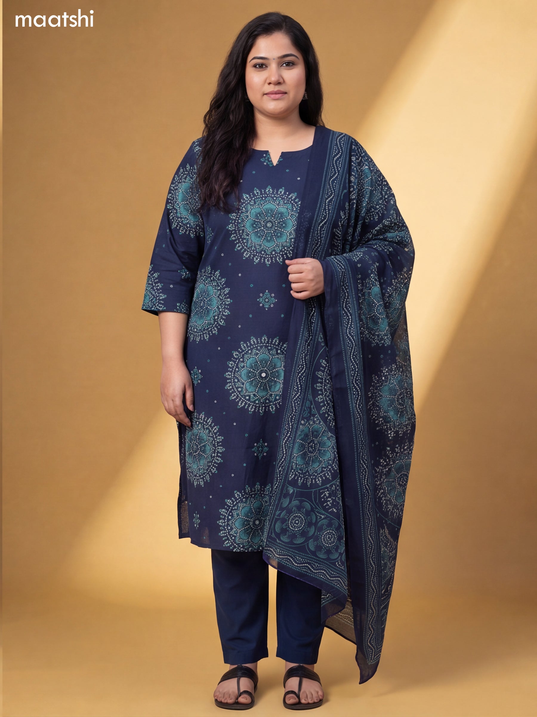 Dark Blue Cotton Bandhai Printed & Embroidery Work Straight Suit
