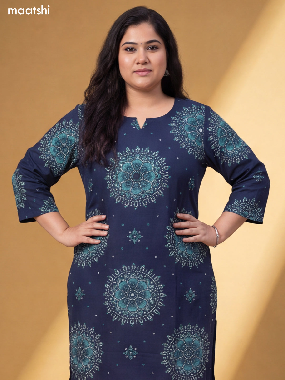 Dark Blue Cotton Bandhai Printed & Embroidery Work Straight Suit