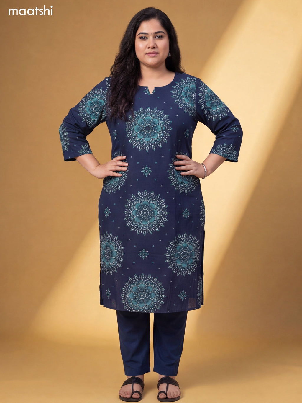 Dark Blue Cotton Bandhai Printed & Embroidery Work Straight Suit