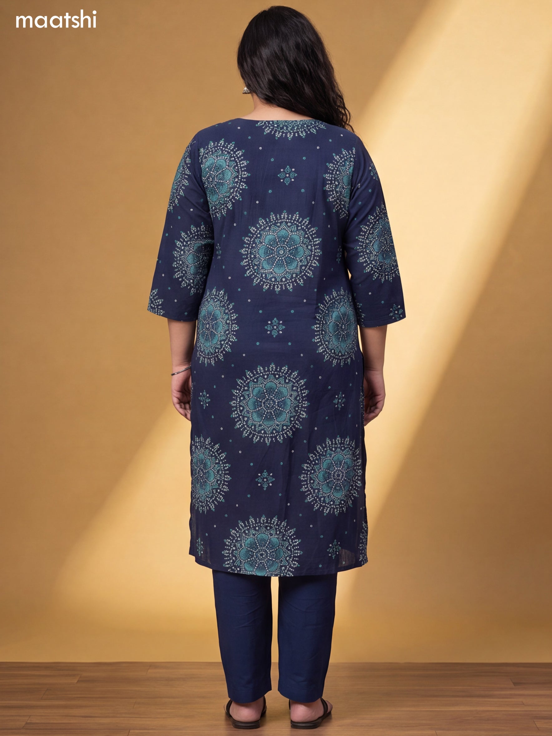 Dark Blue Cotton Bandhai Printed & Embroidery Work Straight Suit