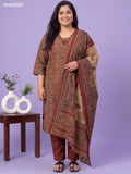Beige and Maroon Cotton Kalamkari Printed & Embroidery Work Suit