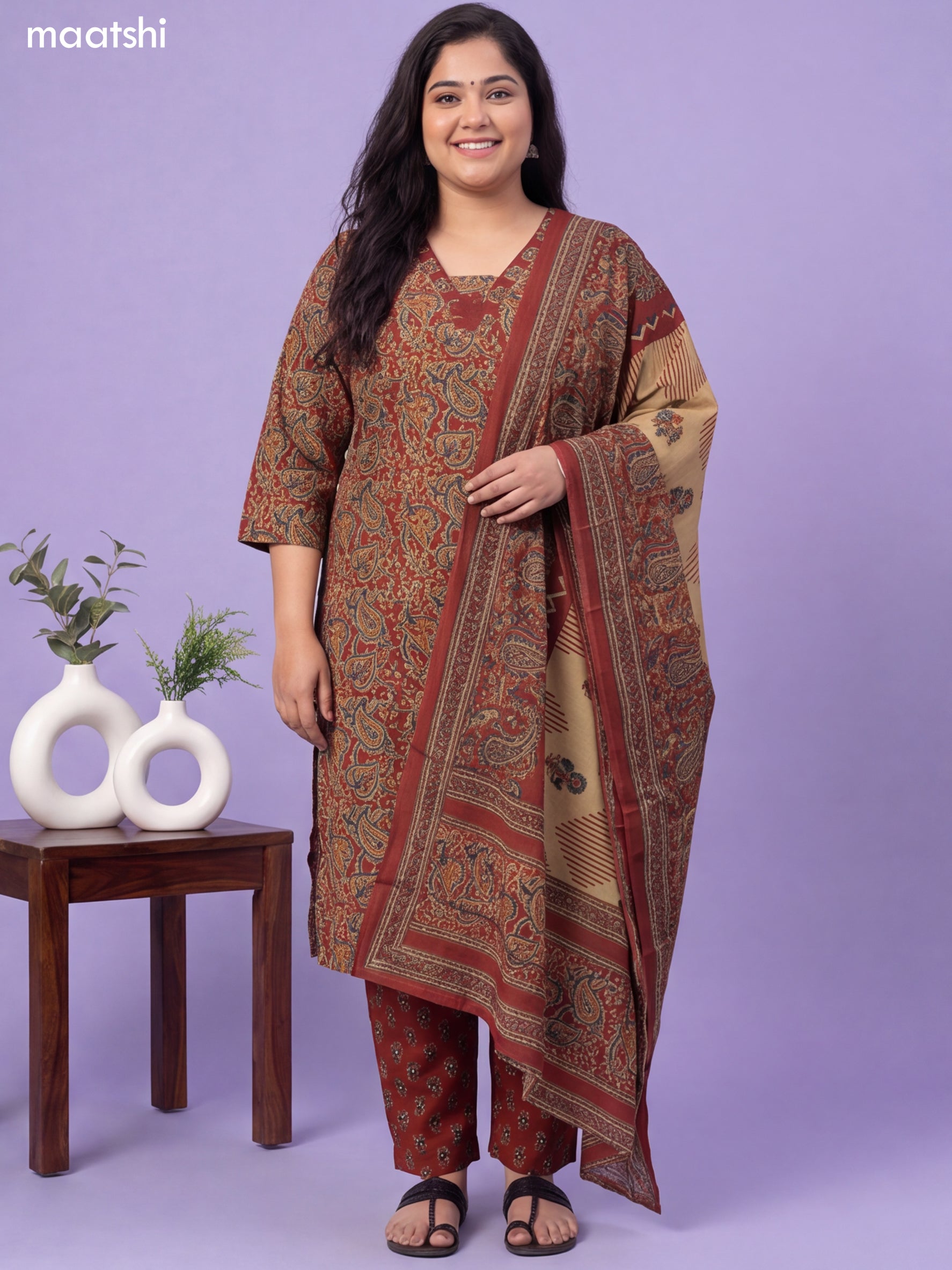 Beige and Maroon Cotton Kalamkari Printed & Embroidery Work Suit