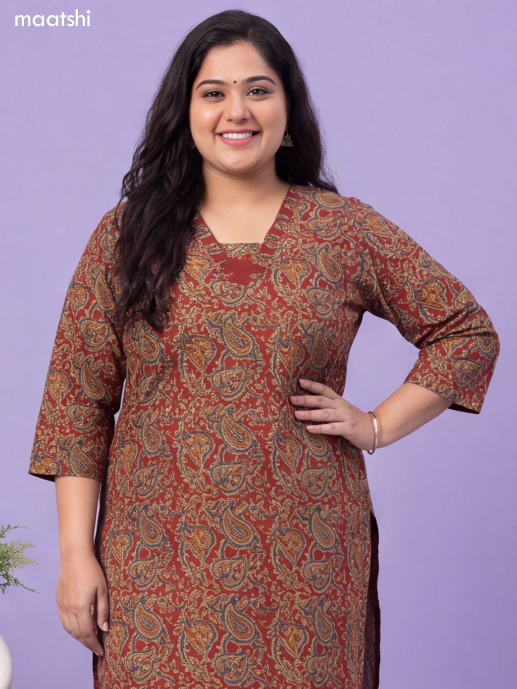Beige and Maroon Cotton Kalamkari Printed & Embroidery Work Suit