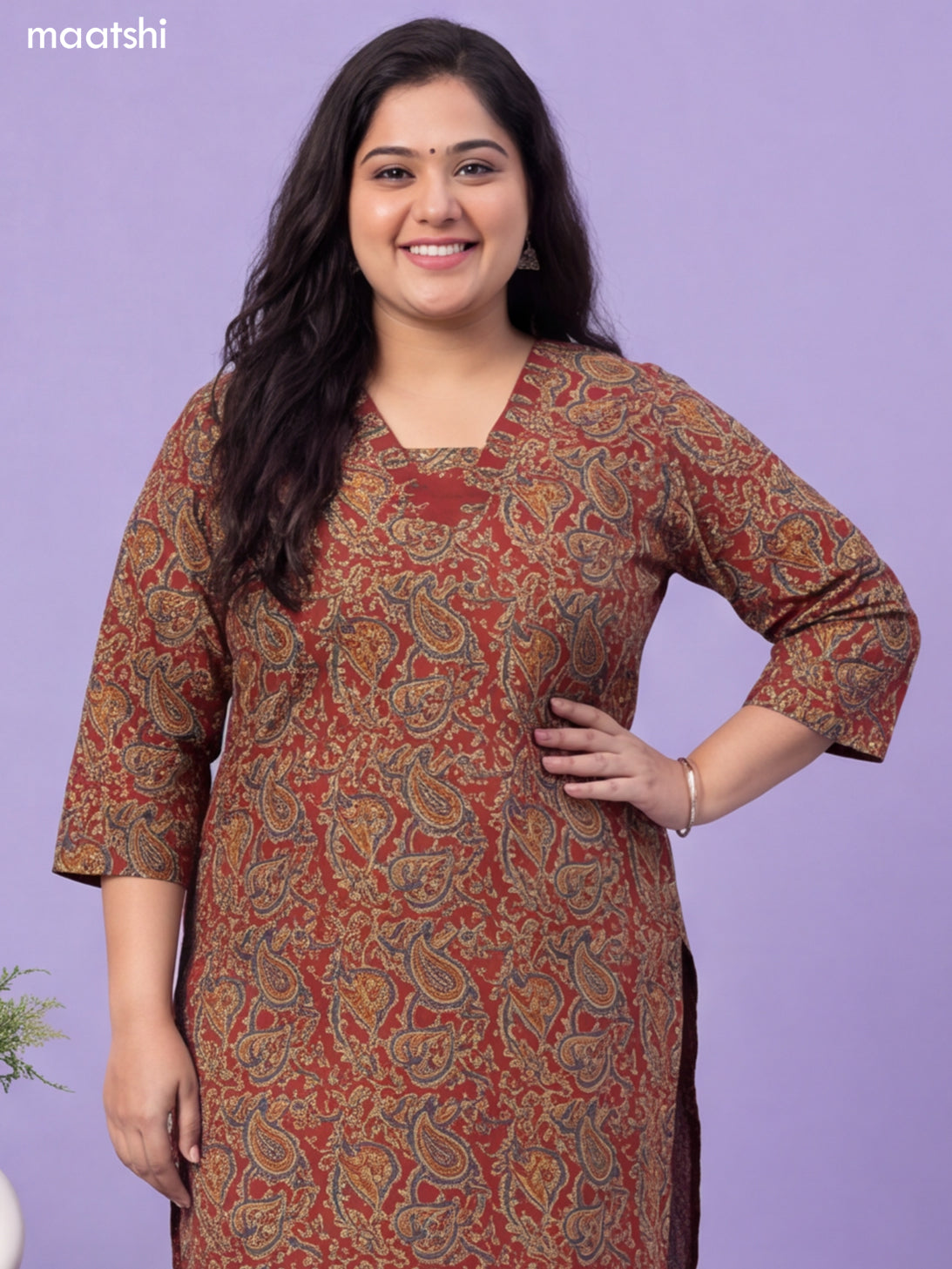 Beige and Maroon Cotton Kalamkari Printed & Embroidery Work Suit