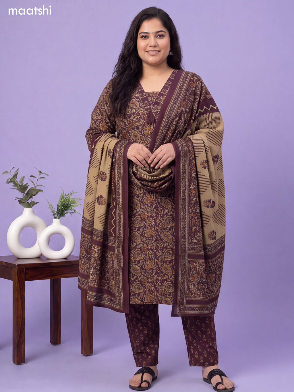 Beige and Purple Cotton Kalamkari Printed & Embroidery Work Suit