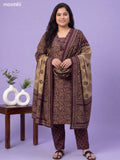 Beige and Purple Cotton Kalamkari Printed & Embroidery Work Suit