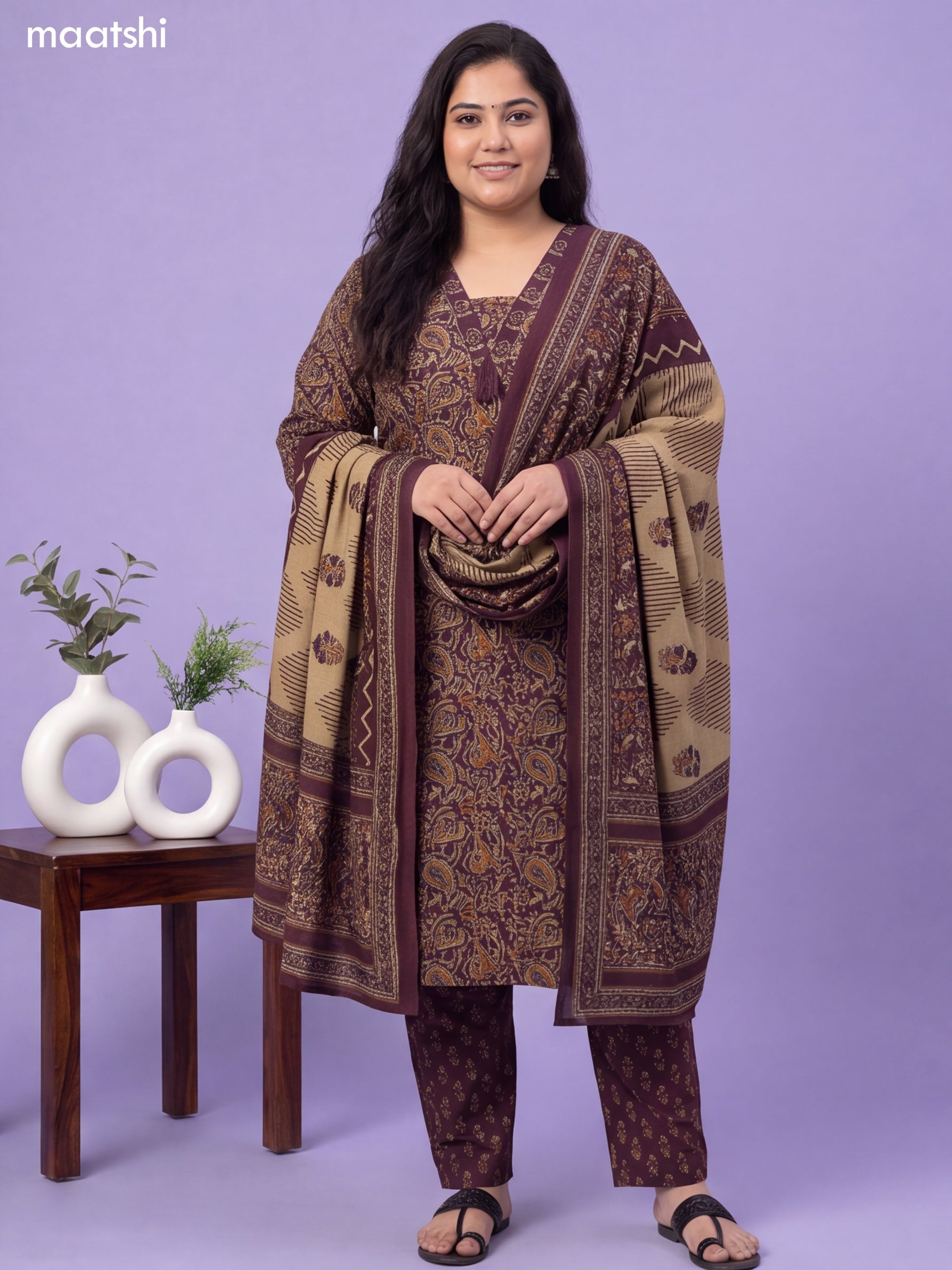 Beige and Purple Cotton Kalamkari Printed & Embroidery Work Suit