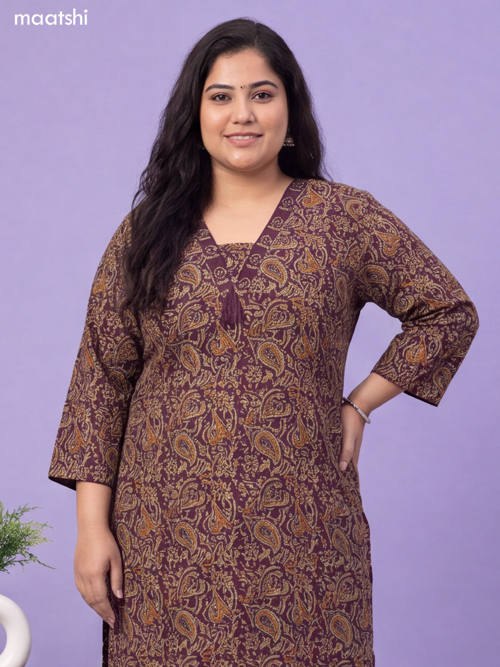 Beige and Purple Cotton Kalamkari Printed & Embroidery Work Suit