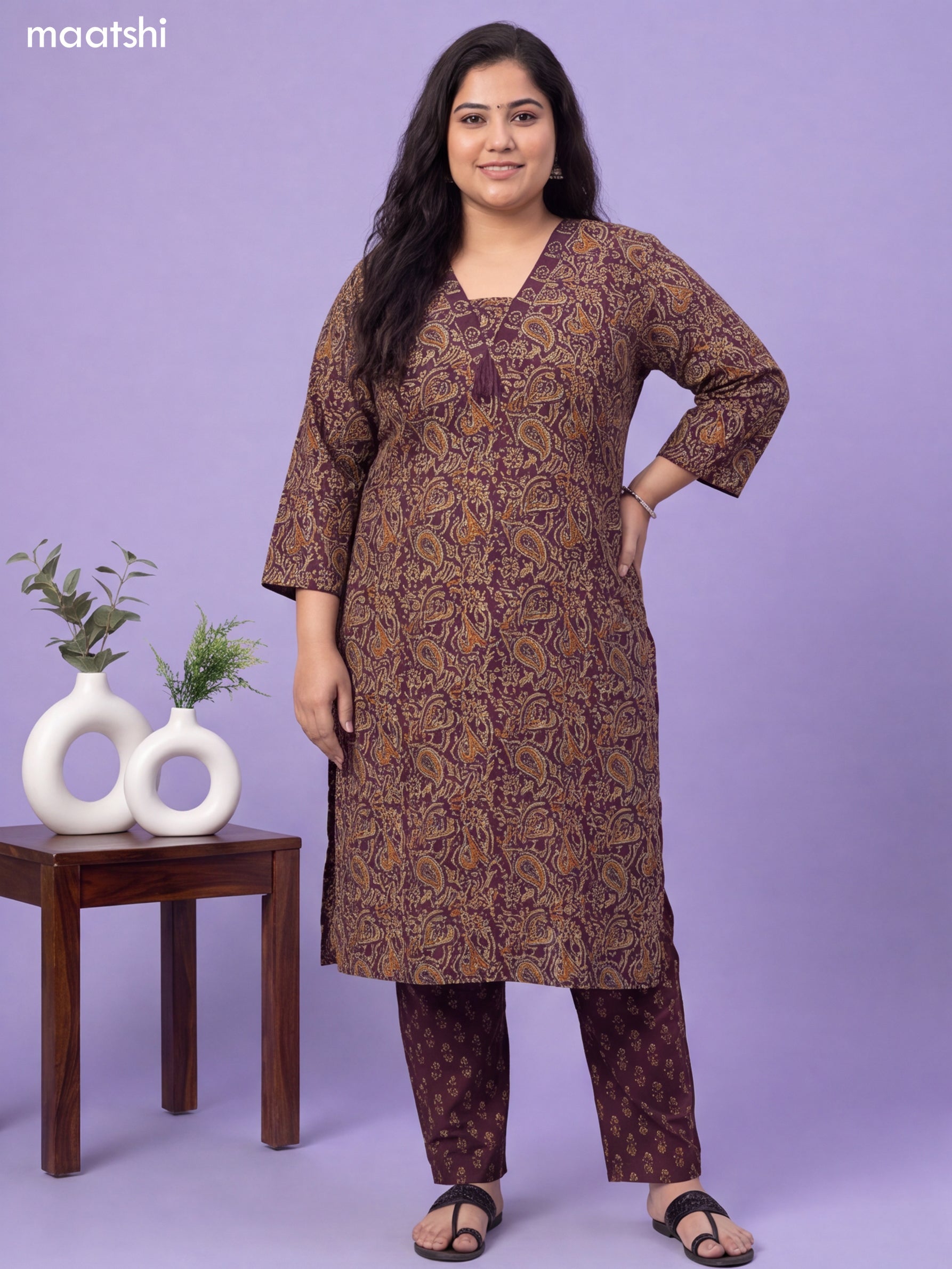 Beige and Purple Cotton Kalamkari Printed & Embroidery Work Suit