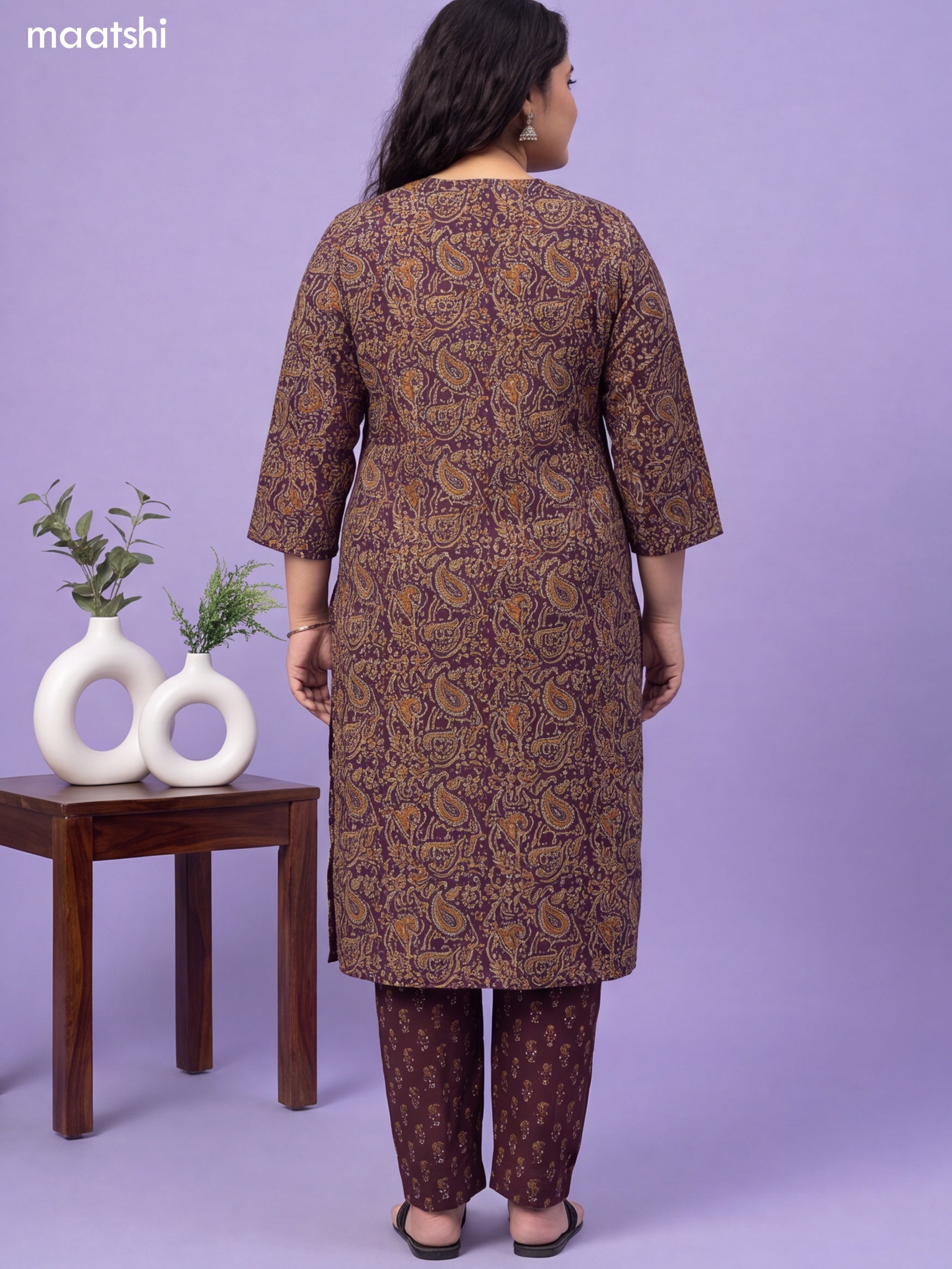 Beige and Purple Cotton Kalamkari Printed & Embroidery Work Suit