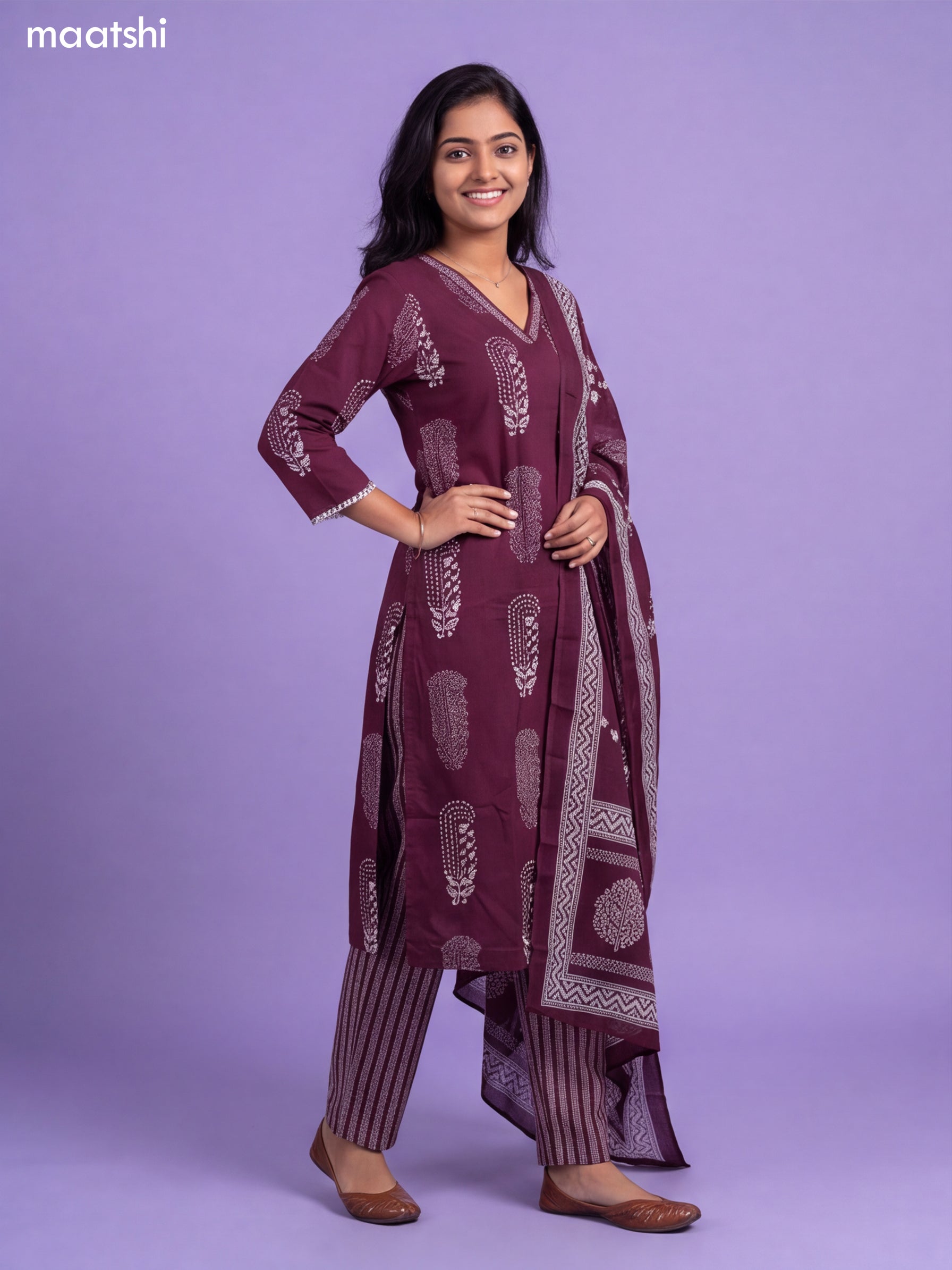 Wine Cotton Pasiley Printed & Simple Embroidery Work Straight Suit