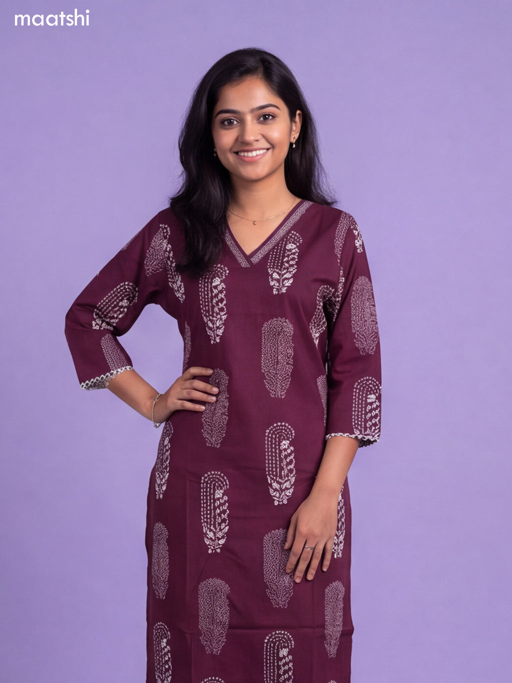 Wine Cotton Pasiley Printed & Simple Embroidery Work Straight Suit