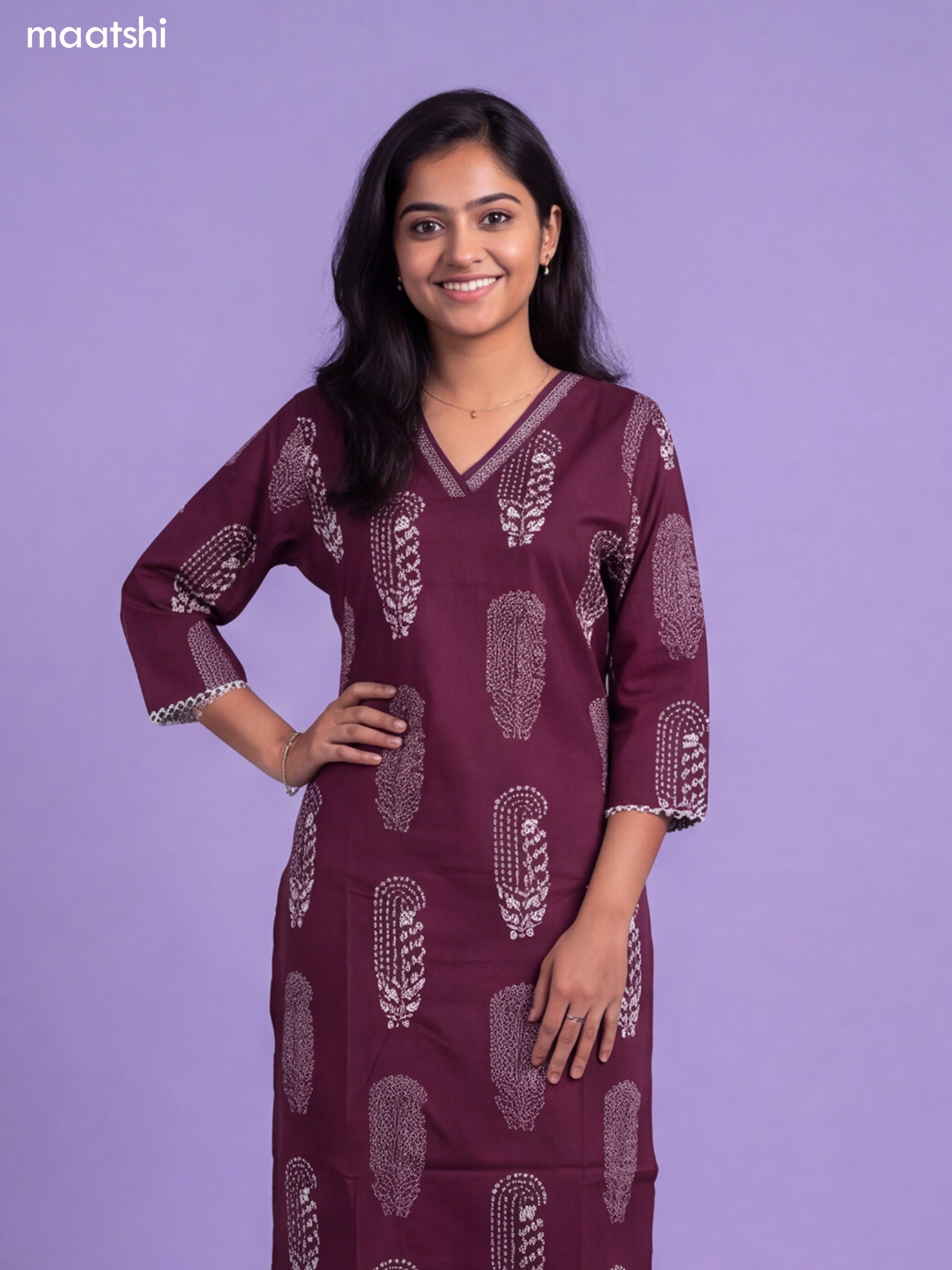 Wine Cotton Pasiley Printed & Simple Embroidery Work Straight Suit