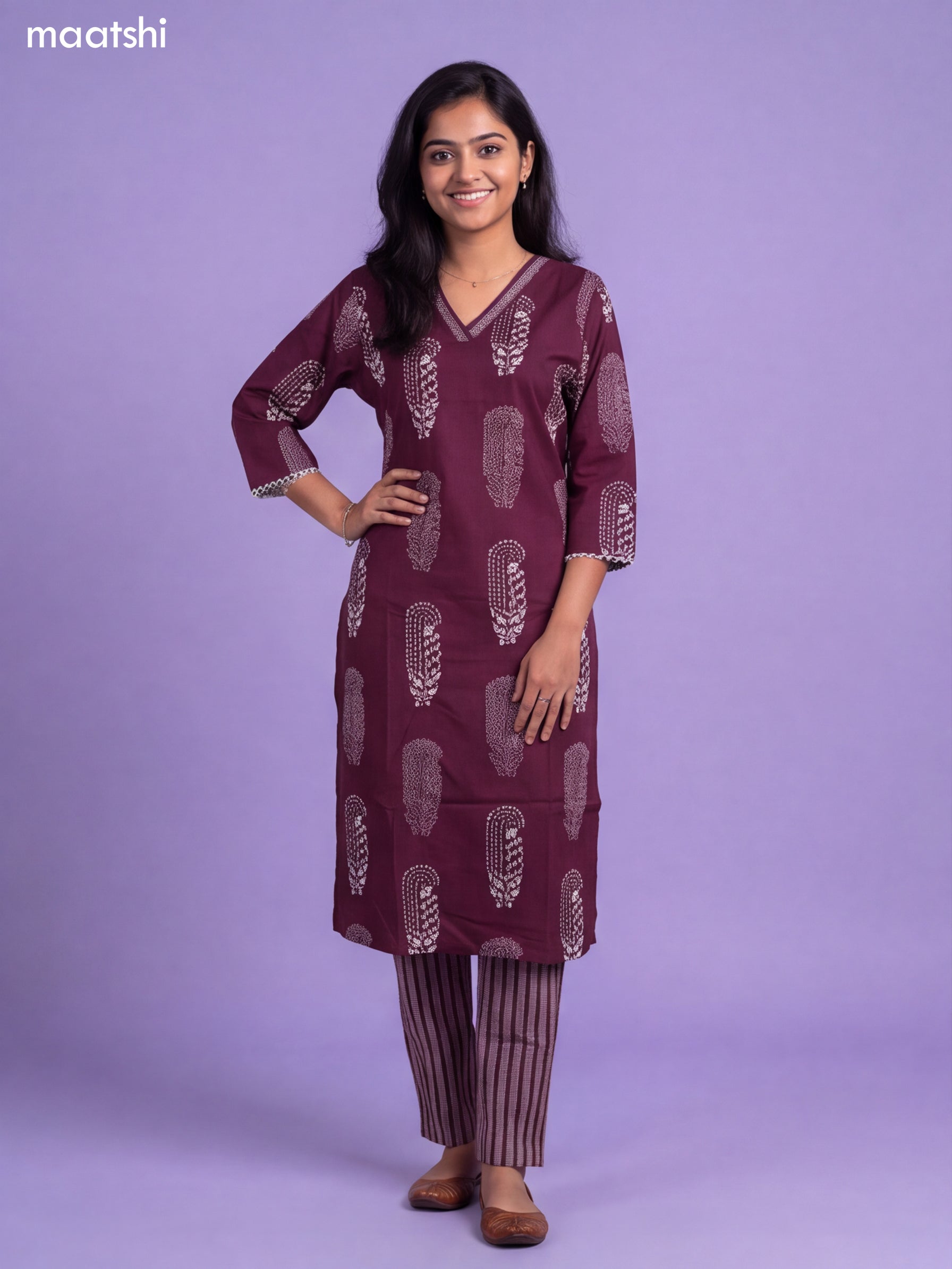 Wine Cotton Pasiley Printed & Simple Embroidery Work Straight Suit