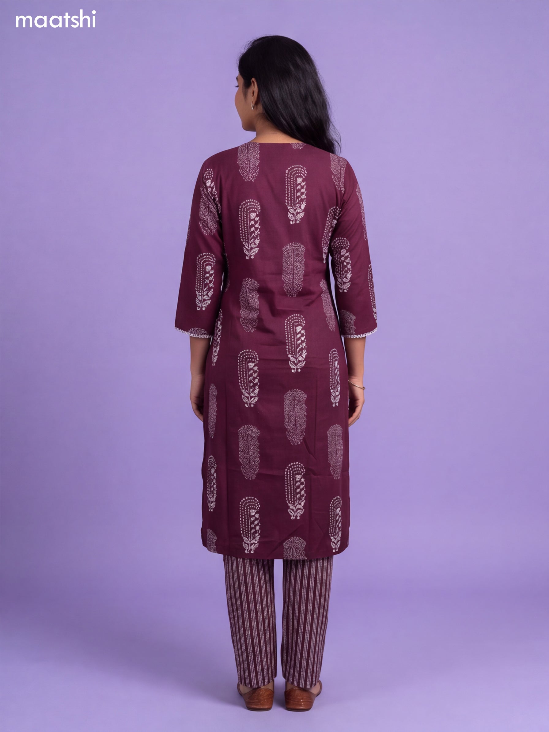 Wine Cotton Pasiley Printed & Simple Embroidery Work Straight Suit