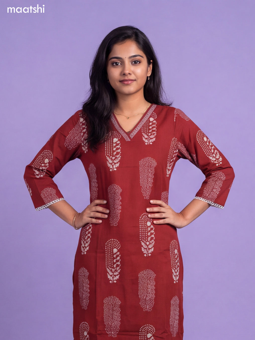 Brown Cotton Pasiley Printed & Simple Embroidery Work Straight Suit