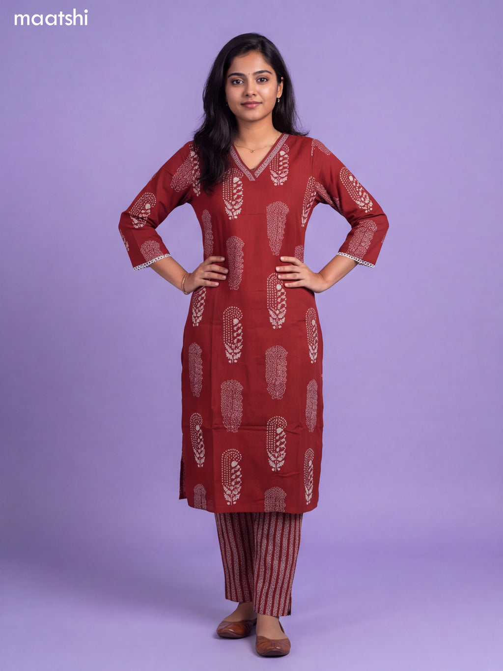 Brown Cotton Pasiley Printed & Simple Embroidery Work Straight Suit