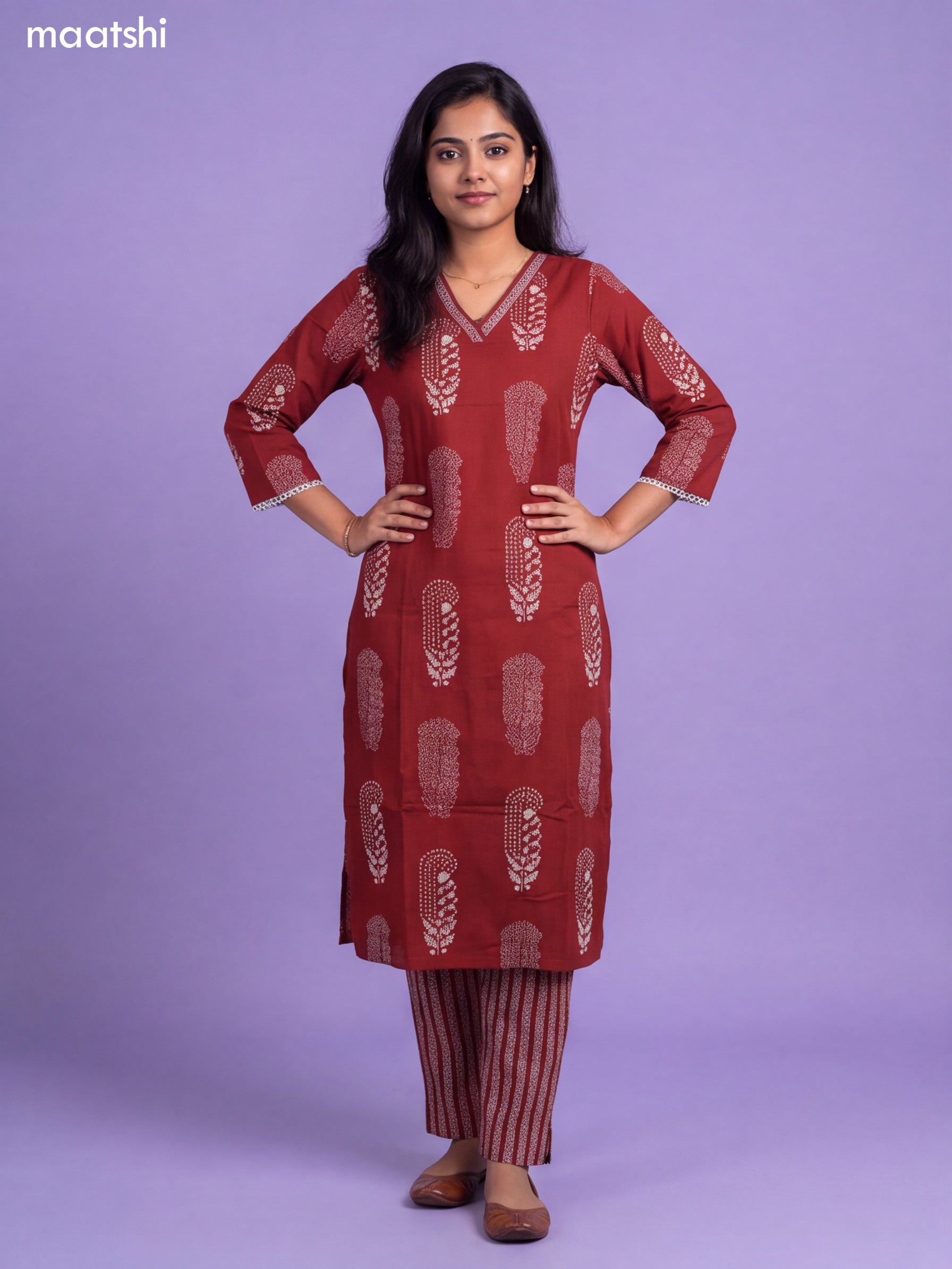 Brown Cotton Pasiley Printed & Simple Embroidery Work Straight Suit