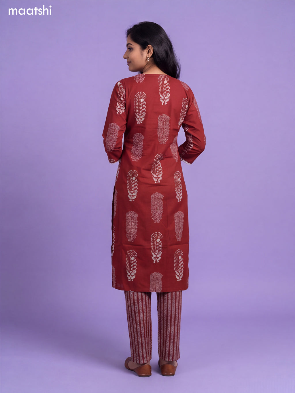 Brown Cotton Pasiley Printed & Simple Embroidery Work Straight Suit
